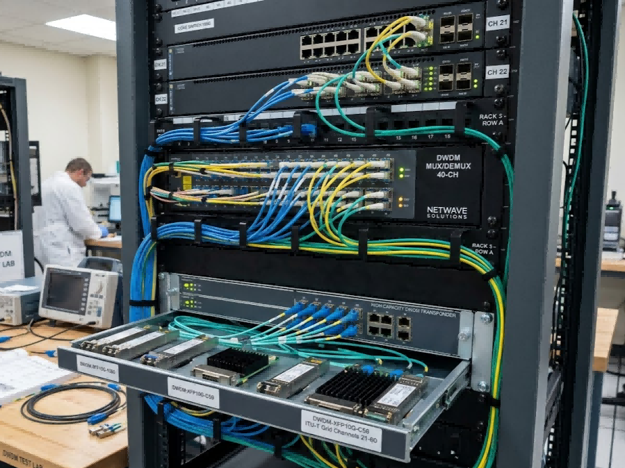 Professional DWDM transceiver modules and multiplexer rack equipment showing high-capacity optical networking components in a laboratory environment Professional DWDM transceiver modules and multiplexer rack equipment showing high-capacity optical networking components in a laboratory environment