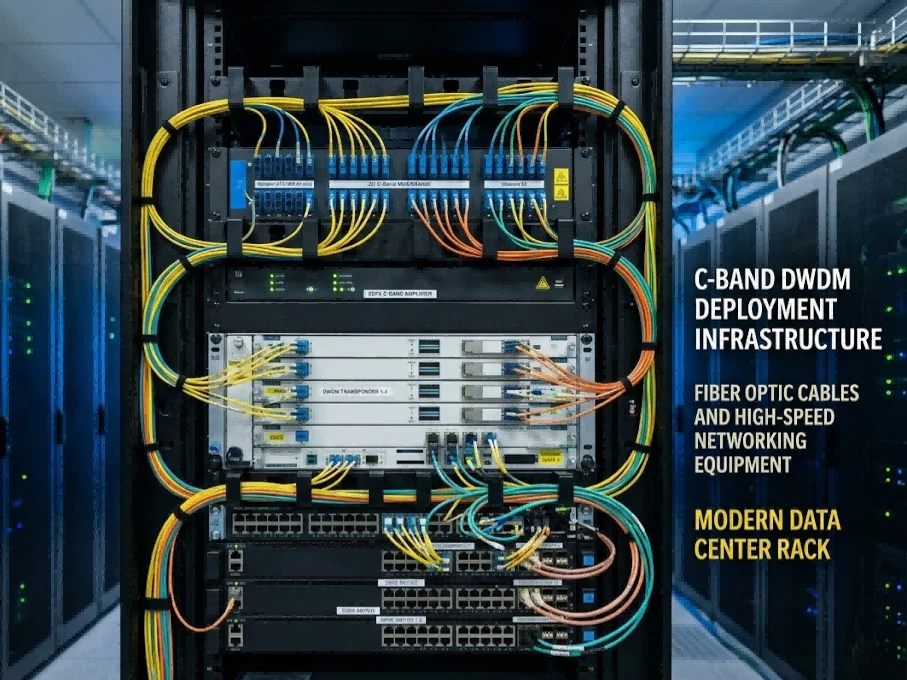 Fiber optic cables and high-speed networking equipment in a modern data center rack, representing the physical infrastructure required for DWDM C-band deployment Fiber optic cables and high-speed networking equipment in a modern data center rack, representing the physical infrastructure required for DWDM C-band deployment