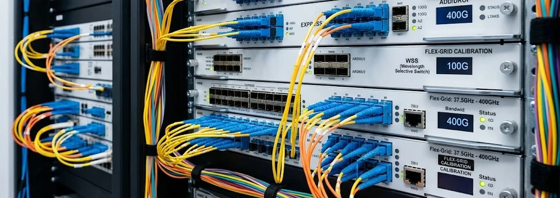 Detailed telecommunications switching hardware with fiber optic LC connections, representing modern ROADM architectures and flex-grid capabilities Detailed telecommunications switching hardware with fiber optic LC connections, representing modern ROADM architectures and flex-grid capabilities