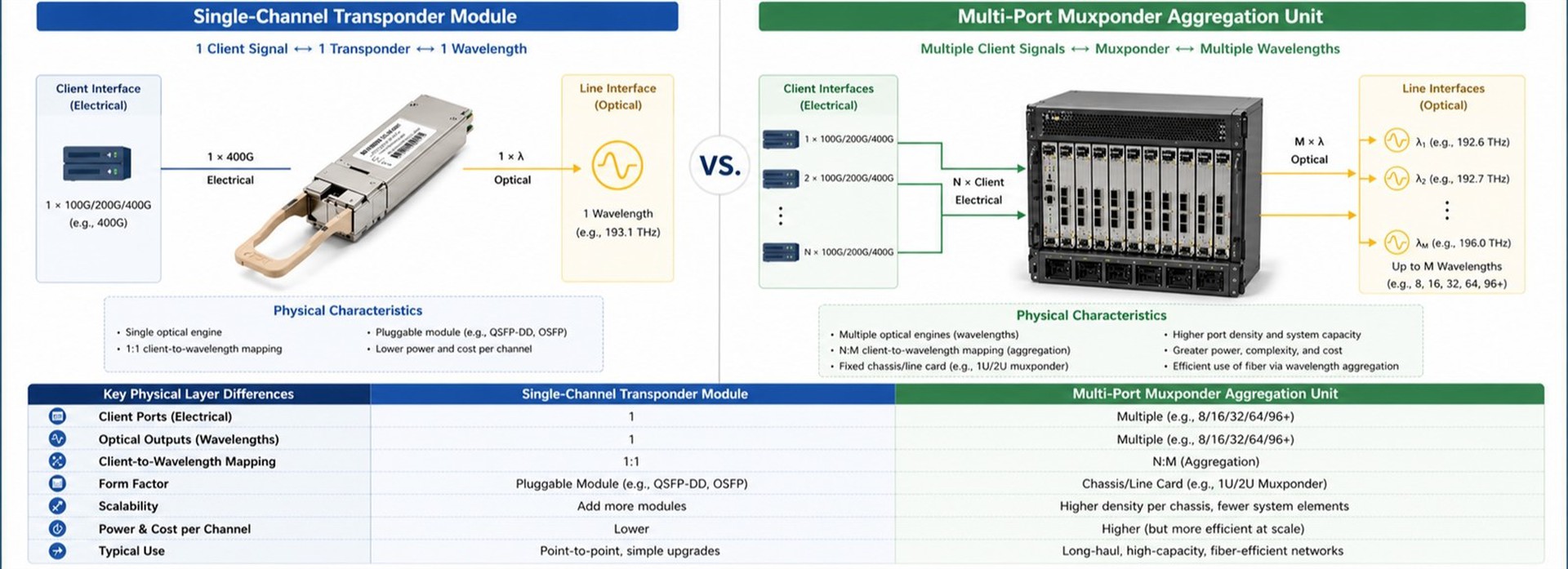 Visualizing the physical layer differences between single-channel transponder modules and multi-port muxponder aggregation units. Visualizing the physical layer differences between single-channel transponder modules and multi-port muxponder aggregation units.