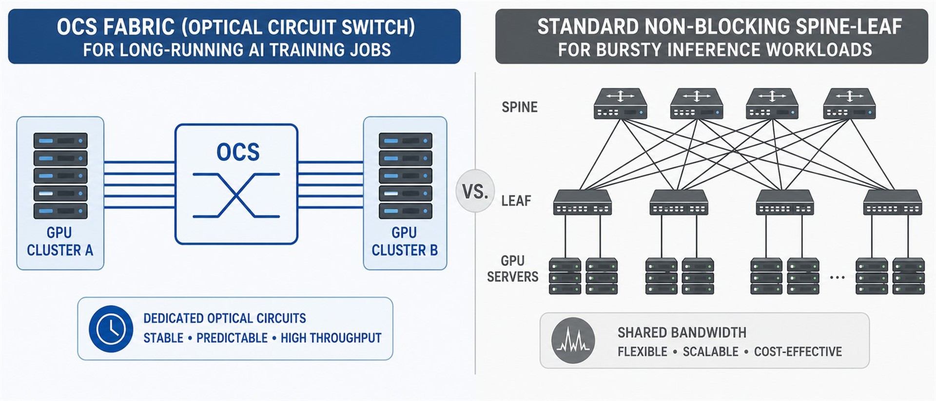 Conceptual architectural diagram of a data center network topology comparing a custom Optical Circuit Switch (OCS) fabric for long-running AI training jobs versus a standard non-blocking Spine-Leaf topology for bursty inference workloads. Conceptual architectural diagram of a data center network topology comparing a custom Optical Circuit Switch (OCS) fabric for long-running AI training jobs versus a standard non-blocking Spine-Leaf topology for bursty inference workloads.