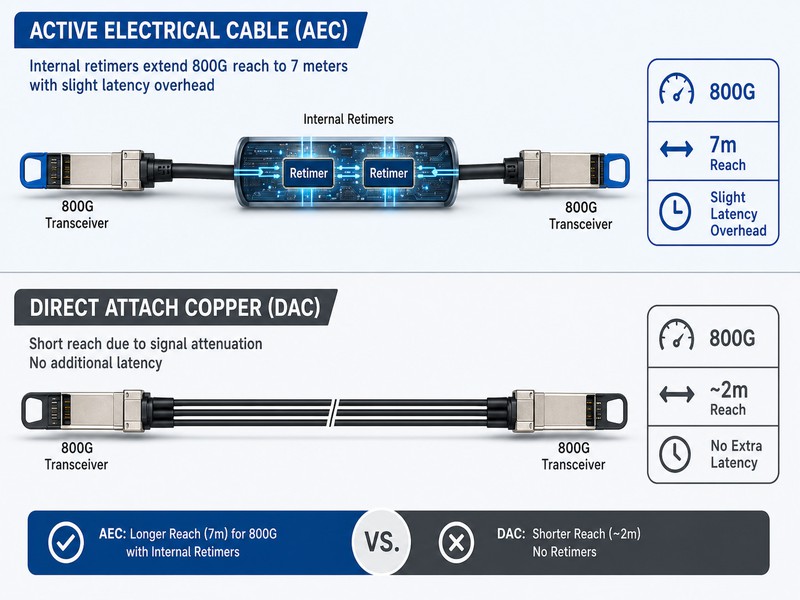 High-speed cable comparison showing an Active Electrical Cable (AEC) vs a standard Direct Attach Copper (DAC) bundle. The AEC uses internal retimers to extend the 800G signal reach to 7 meters at the cost of slight latency overhead. High-speed cable comparison showing an Active Electrical Cable (AEC) vs a standard Direct Attach Copper (DAC) bundle. The AEC uses internal retimers to extend the 800G signal reach to 7 meters at the cost of slight latency overhead.