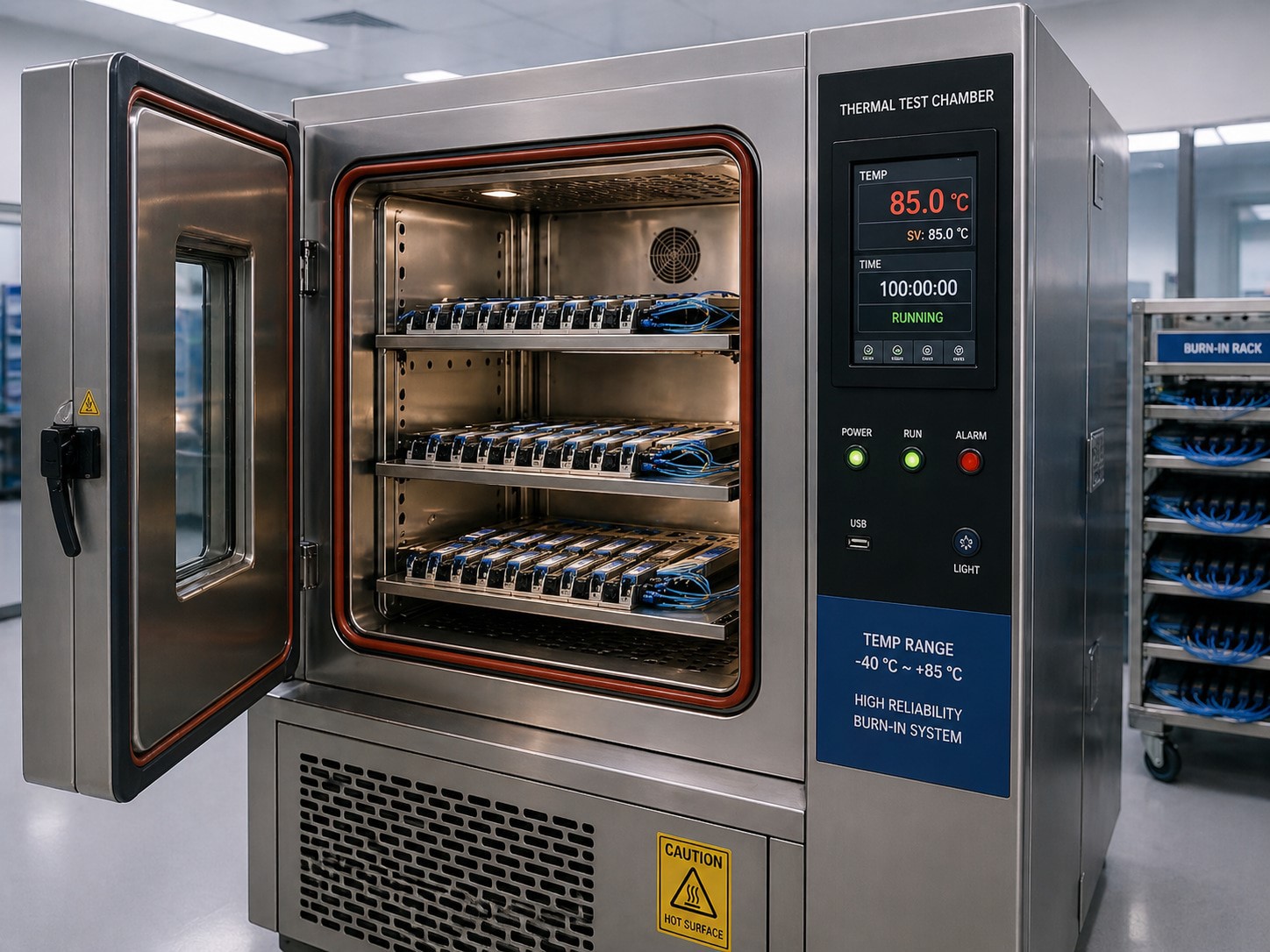 Industrial thermal test chamber used for transceiver burn-in, maintaining temperatures up to 85°C to screen out infant mortality defects. Industrial thermal test chamber used for transceiver burn-in, maintaining temperatures up to 85°C to screen out infant mortality defects.