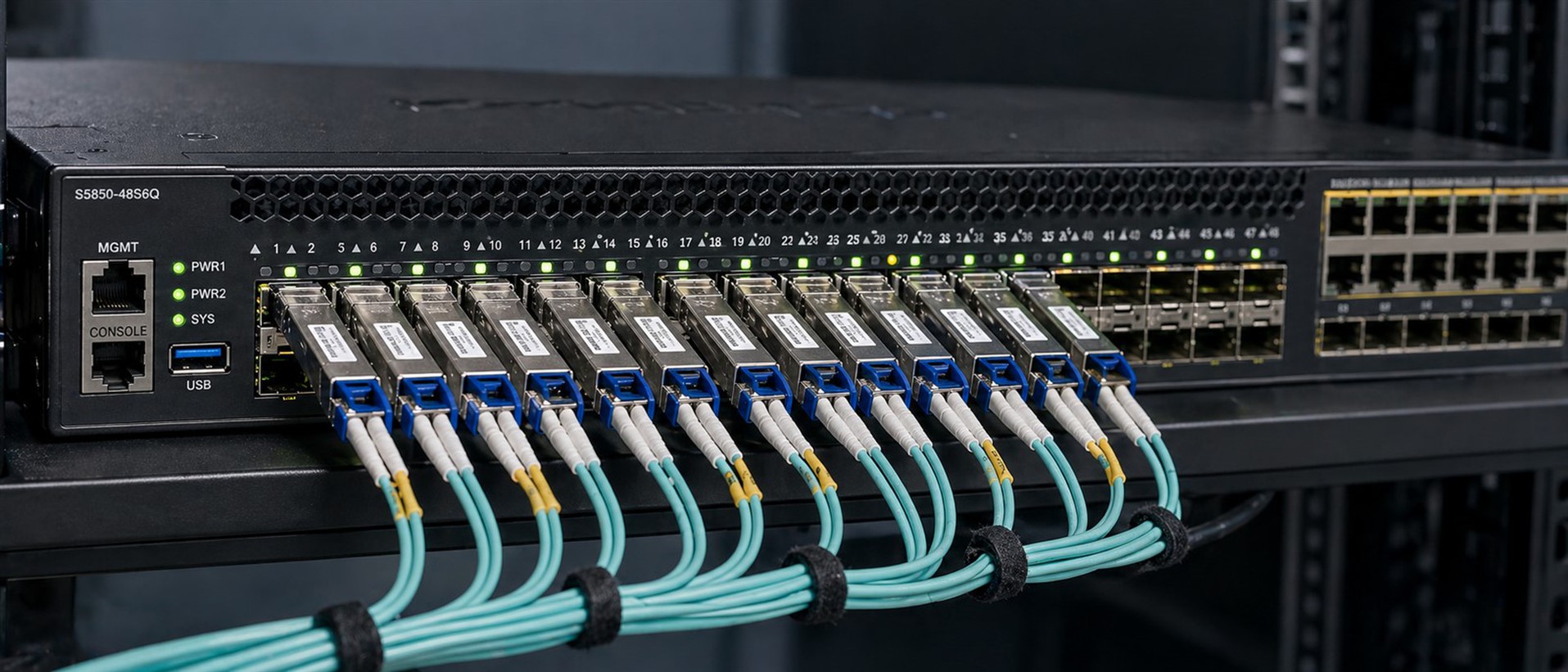 Enterprise network switch with multiple transceivers plugged in, used for final platform compatibility and interoperability verification. Enterprise network switch with multiple transceivers plugged in, used for final platform compatibility and interoperability verification.