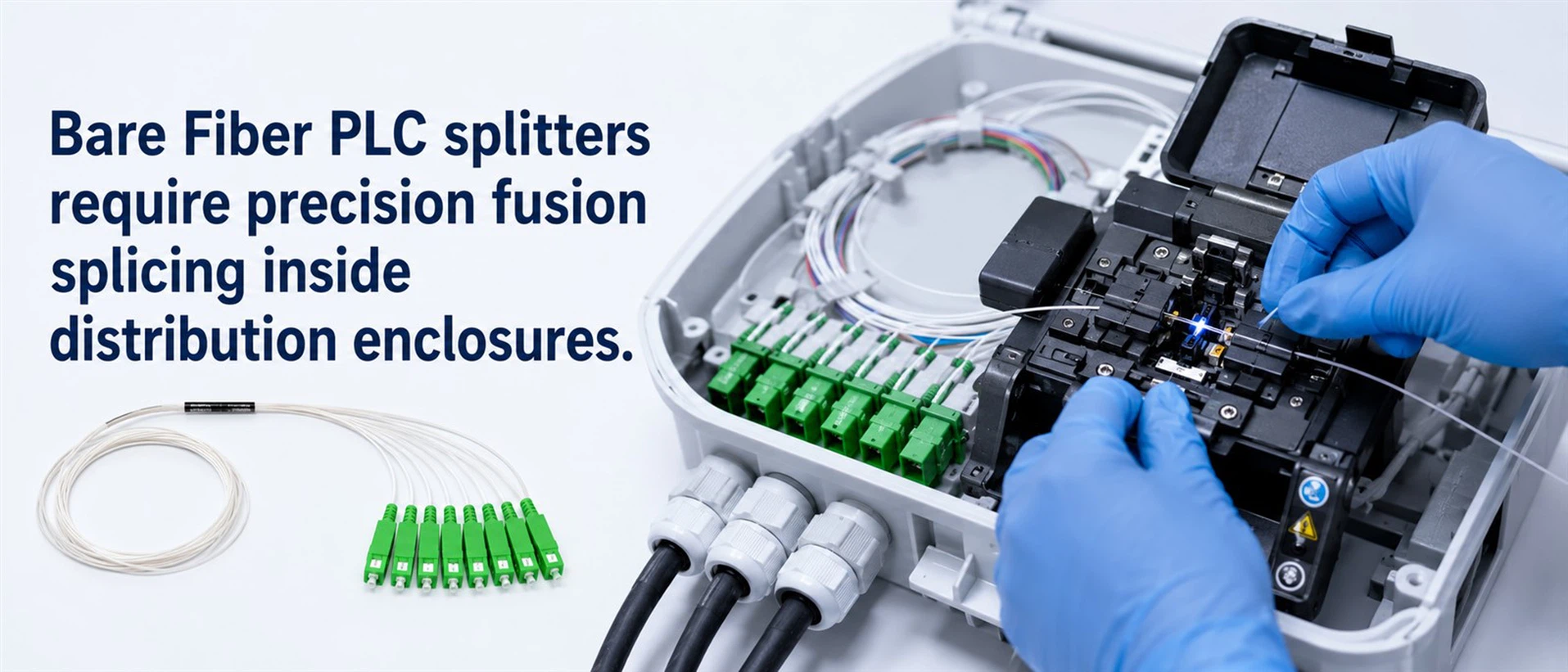 Bare Fiber PLC splitters require precision fusion splicing inside distribution enclosures. Bare Fiber PLC splitters require precision fusion splicing inside distribution enclosures.