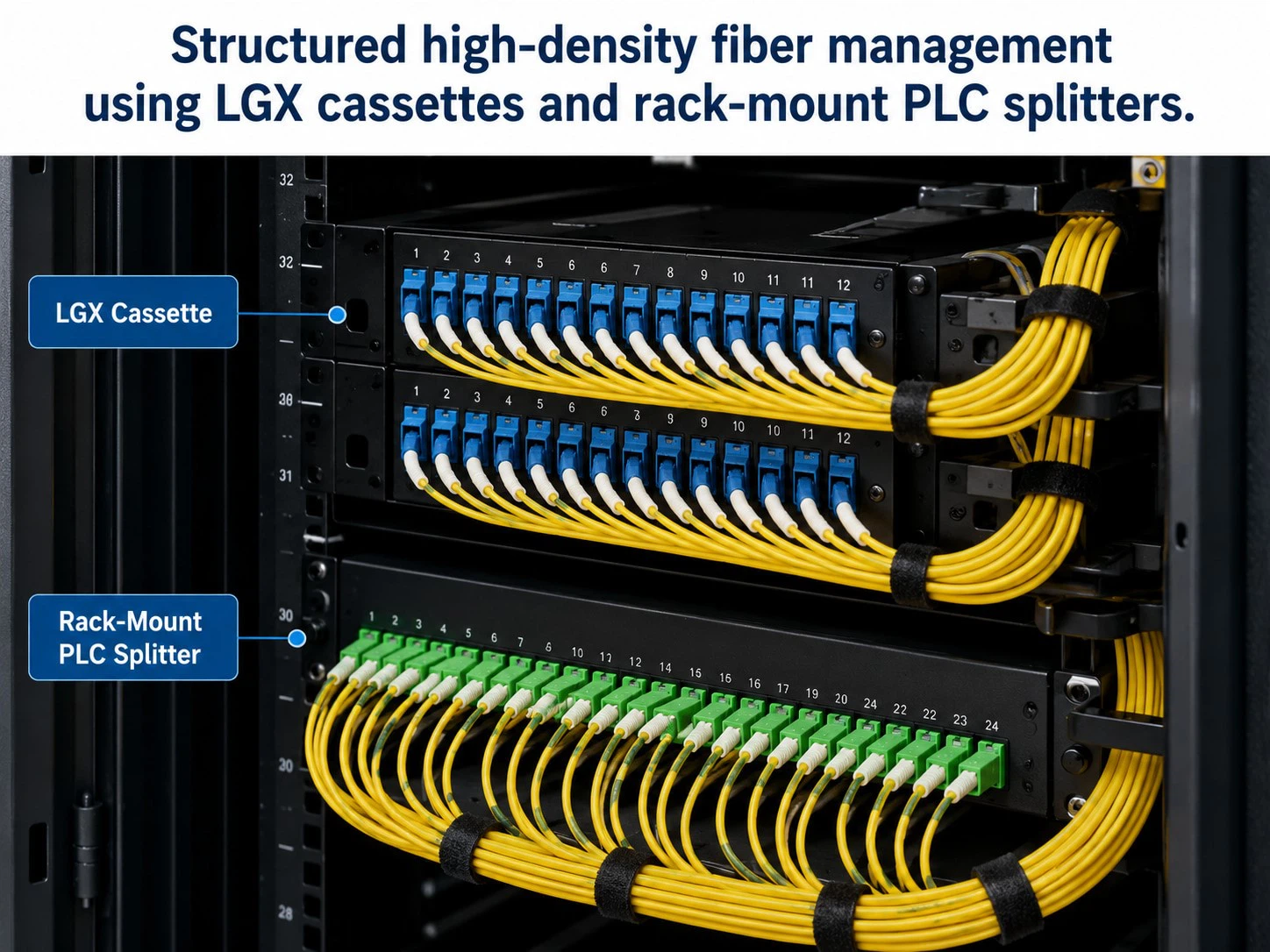 Structured high-density fiber management using LGX cassettes and rack-mount PLC splitters. Structured high-density fiber management using LGX cassettes and rack-mount PLC splitters.