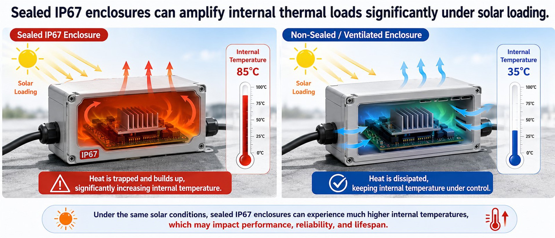 Sealed IP67 enclosures can amplify internal thermal loads significantly under solar loading. Sealed IP67 enclosures can amplify internal thermal loads significantly under solar loading.