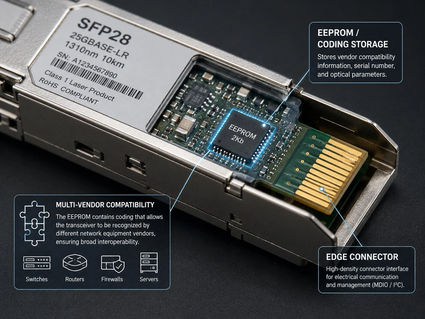 Macro detail of an optical transceiver module SFP28 showing connector pins and EEPROM coding storage location for multi-vendor network compatibility Macro detail of an optical transceiver module SFP28 showing connector pins and EEPROM coding storage location for multi-vendor network compatibility