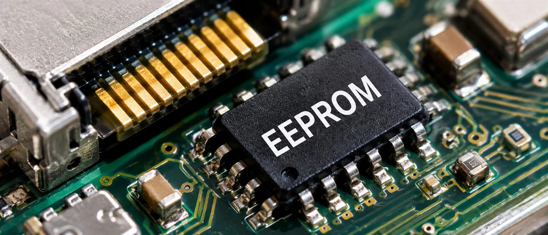 Extreme macro photography of a semiconductor EEPROM chip on a transceiver PCB governing Cisco and Arista network switch handshakes Extreme macro photography of a semiconductor EEPROM chip on a transceiver PCB governing Cisco and Arista network switch handshakes