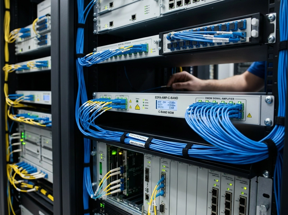 Fiber optic network infrastructure showing EDFA deployment in a DWDM system for signal amplification Fiber optic network infrastructure showing EDFA deployment in a DWDM system for signal amplification