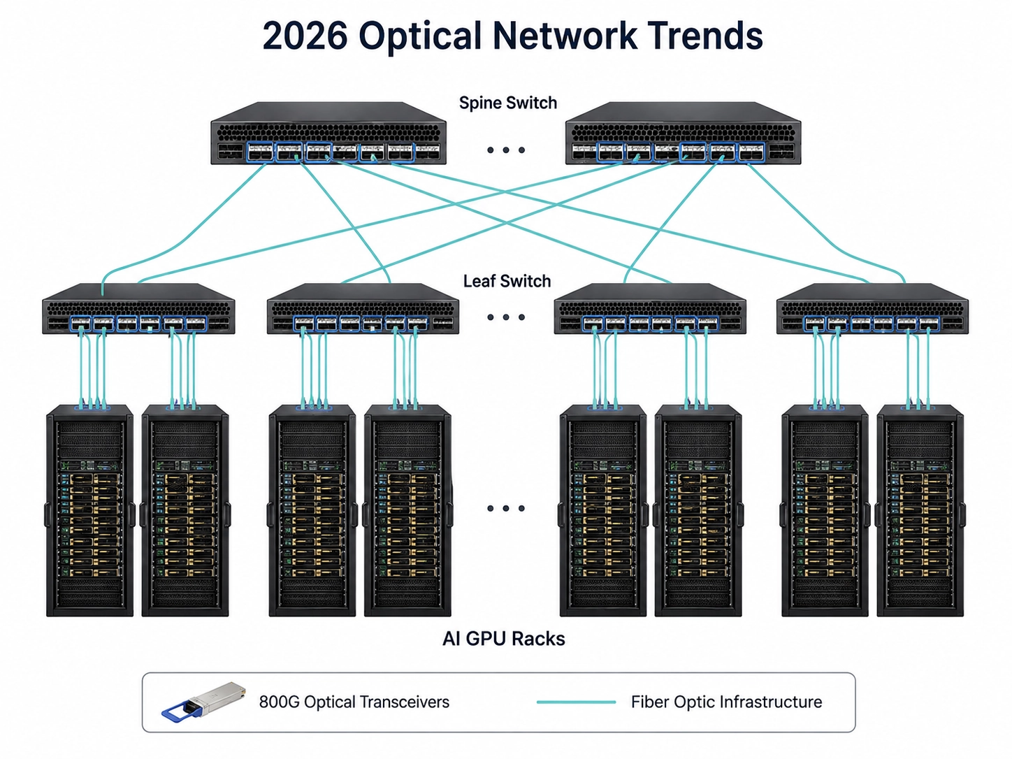 2026 optical network trends Spine-Leaf topology diagram showing 800G optical transceivers and fiber optic infrastructure connecting AI GPU racks in scale-out fabrics